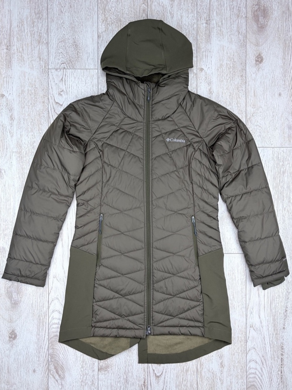 Columbia Size M Olive Green Heavenly Long Hooded Omni-Heat Puffer Jacket